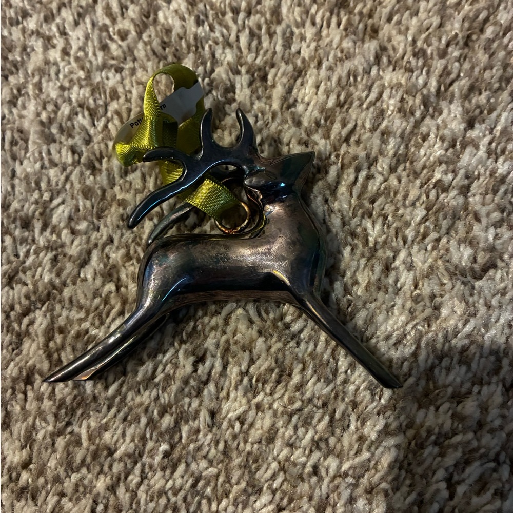 Silver Reindeer Ornament with Green Ribbon